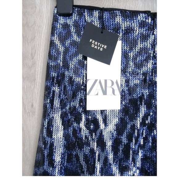 ZARA BLUE LEOPARD PRINT SEQUIN MINI SKIRT‎ SIZE L - Picture 6 of 11